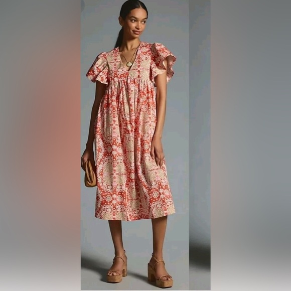 Anthropologie ⚜️ Maeve Printed Flutter-Sleeve Babydoll Dress - Picture 4 of 12